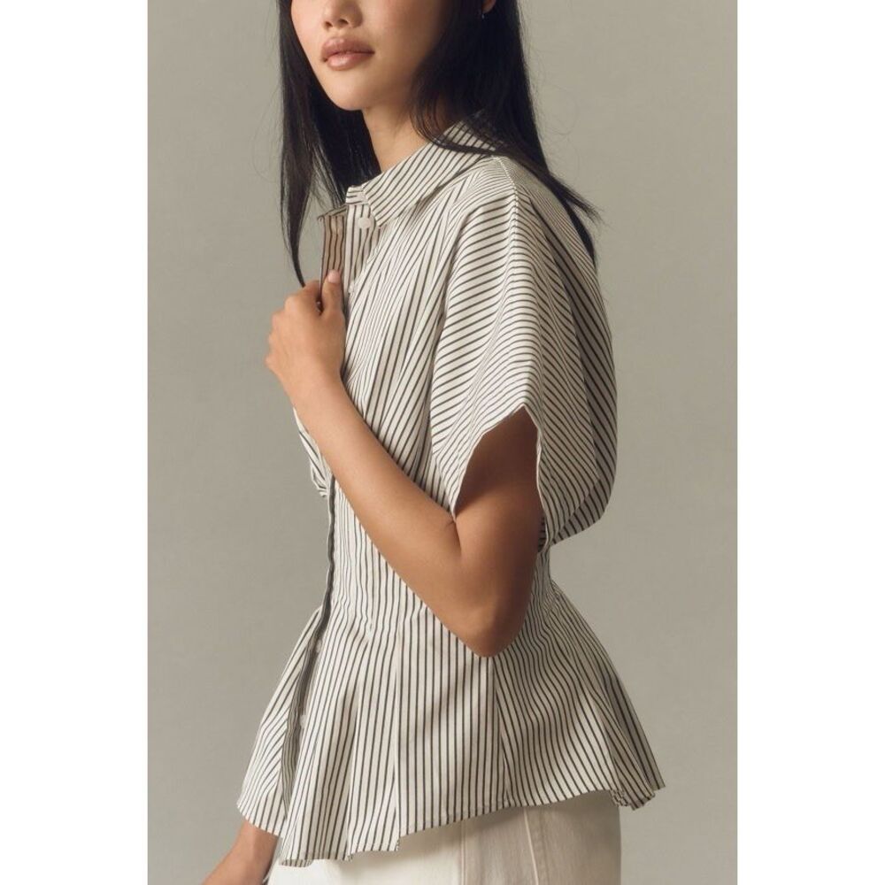 Anthropologie White and Black Pinstripe Button-Front Blouse - Picture 3 of 9